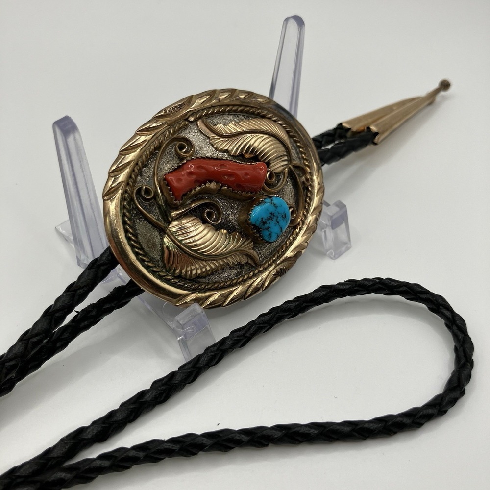 Vintage Sterling Silver 12K GF Turquoise Coral Bolo Tie Southwestern Mid-Century